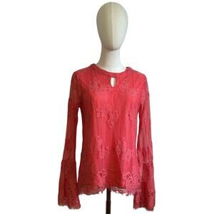 Ultra Pink Floral Lace Top Sheer Bell Sleeves M Coquette Fairy Gypsy Feminine